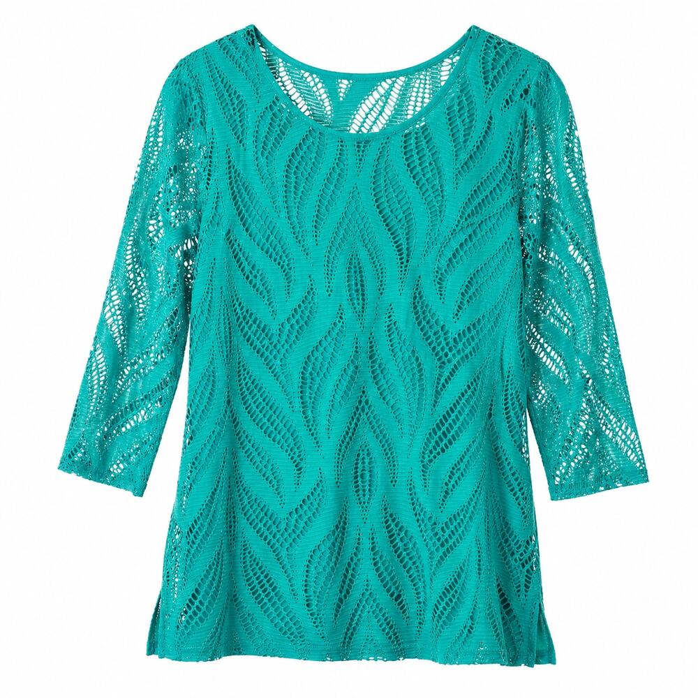 Chico’s Teal Crochet Lace Overlay Top Lined 3/4 Sleeve Size 2 Large